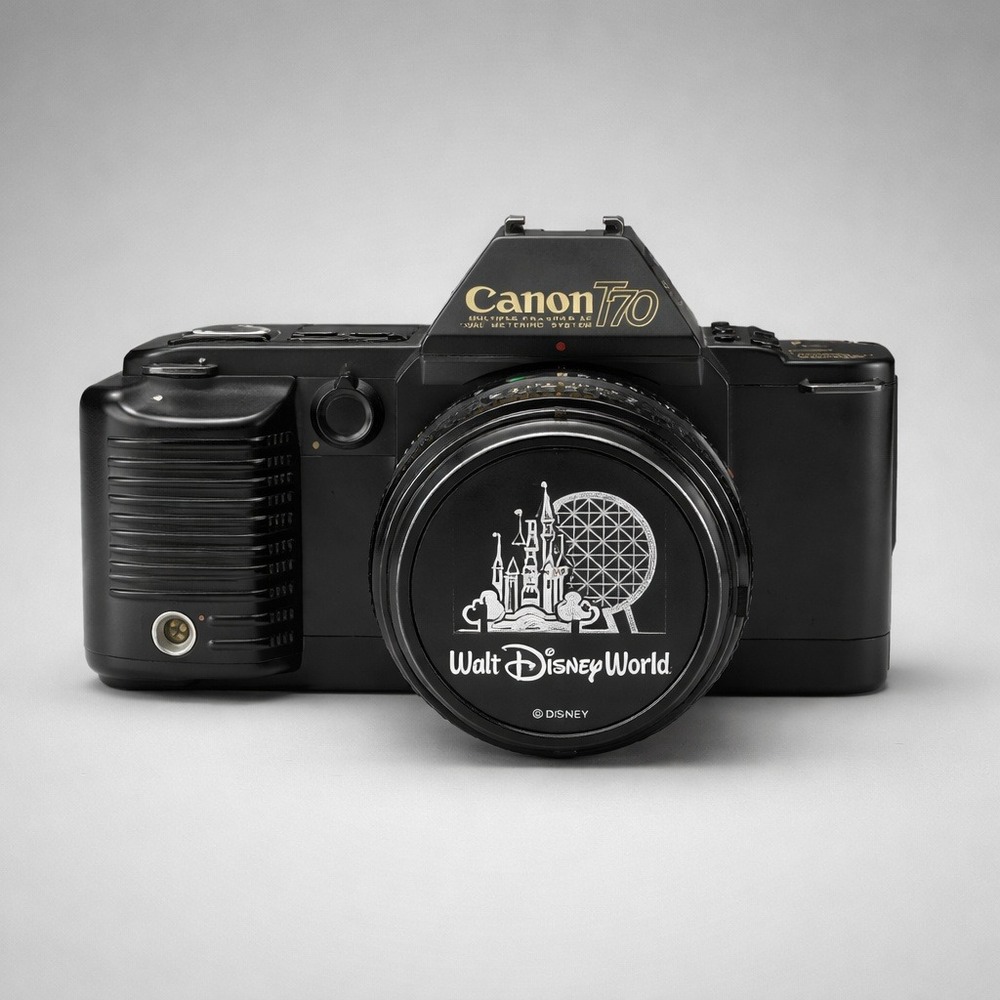 Canon T70 SLR Film Camera 50mm Lens Black Fair Missing Battery Door Disney Cap